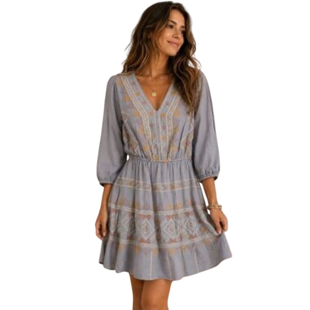 Savanna Jane Embroidered Mini Dress Womens Small Gray Boho 94640